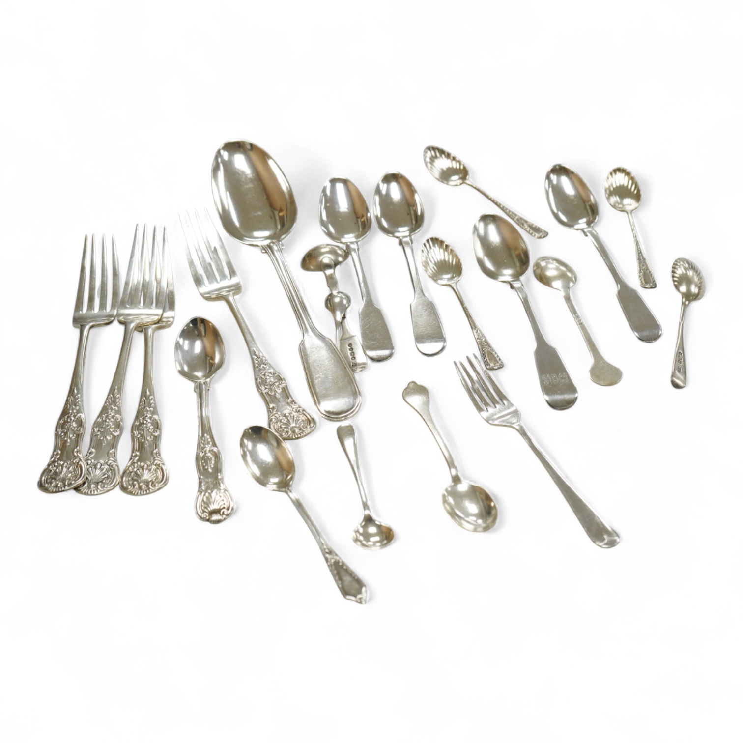 A collection of assorted Victorian and later silver flatware, various patterns, dates and makers, 17.2oz.